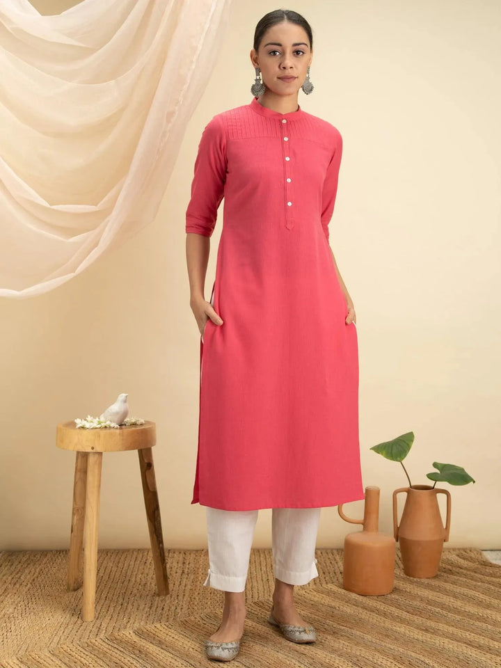 Pink Solid Cotton Kurta - Libas