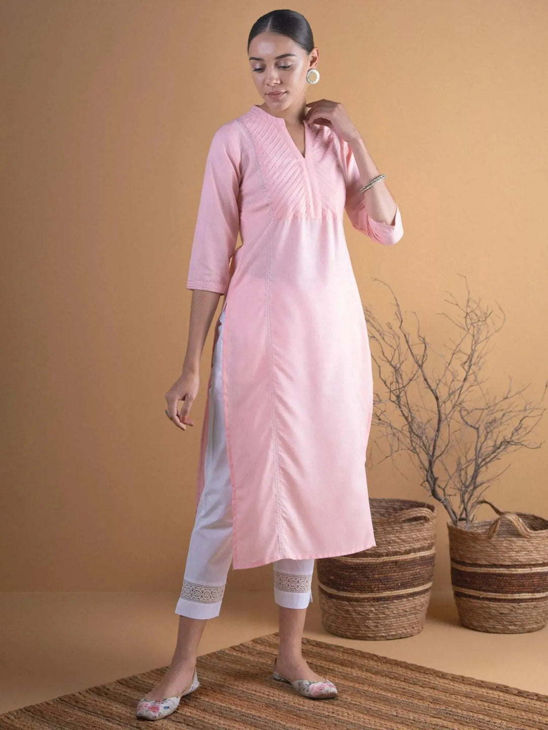 Pink Solid Cotton Kurta - Libas