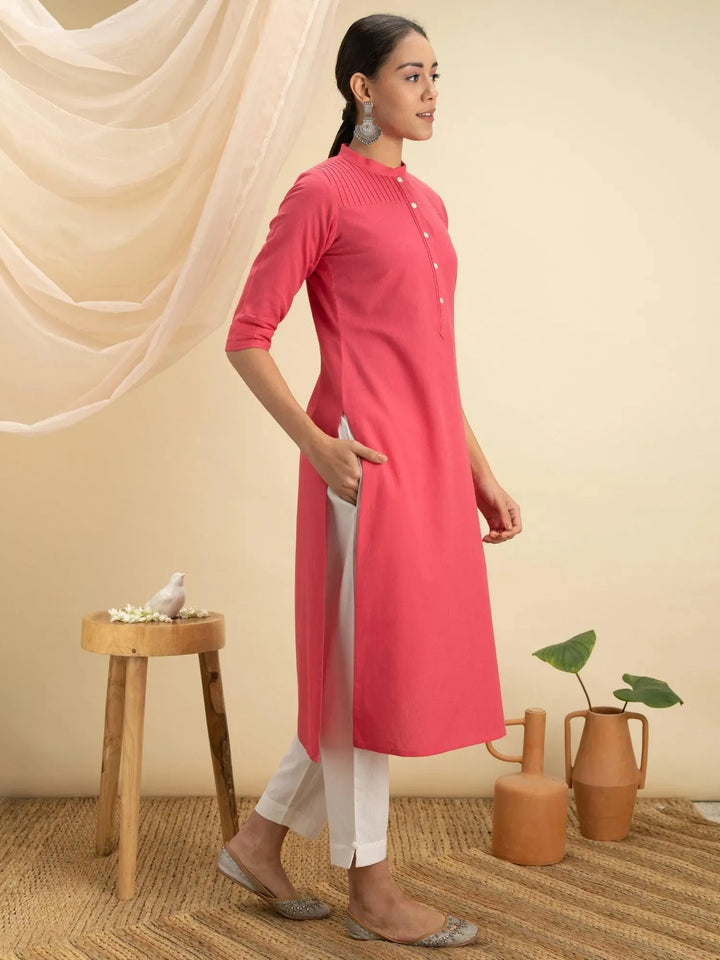 Pink Solid Cotton Kurta - Libas