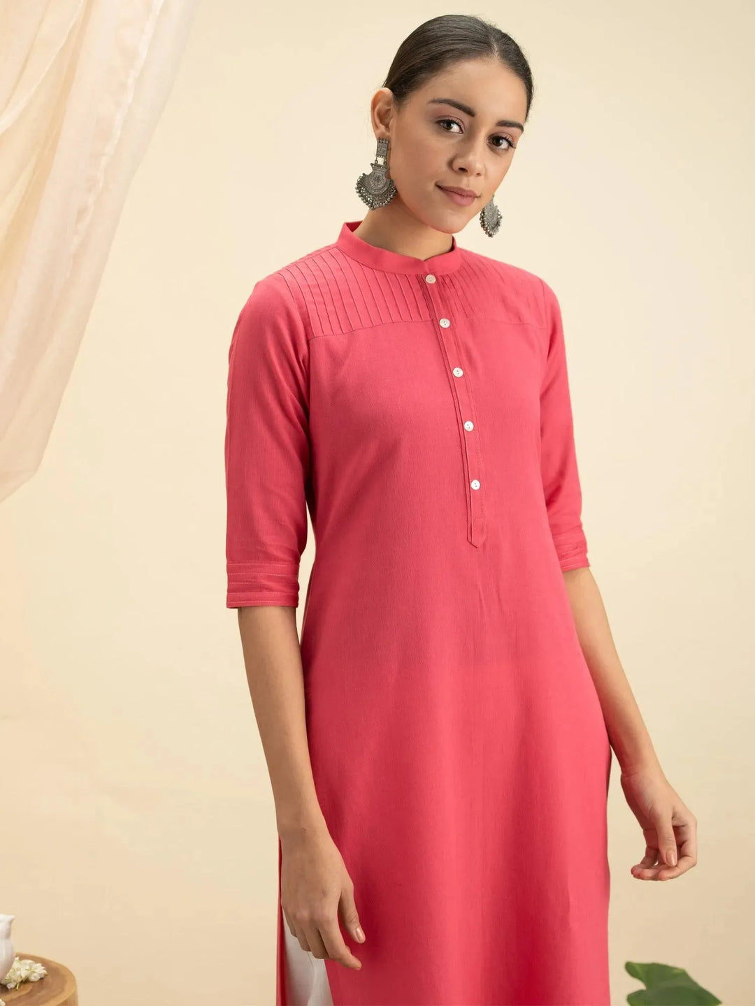 Pink Solid Cotton Kurta - Libas