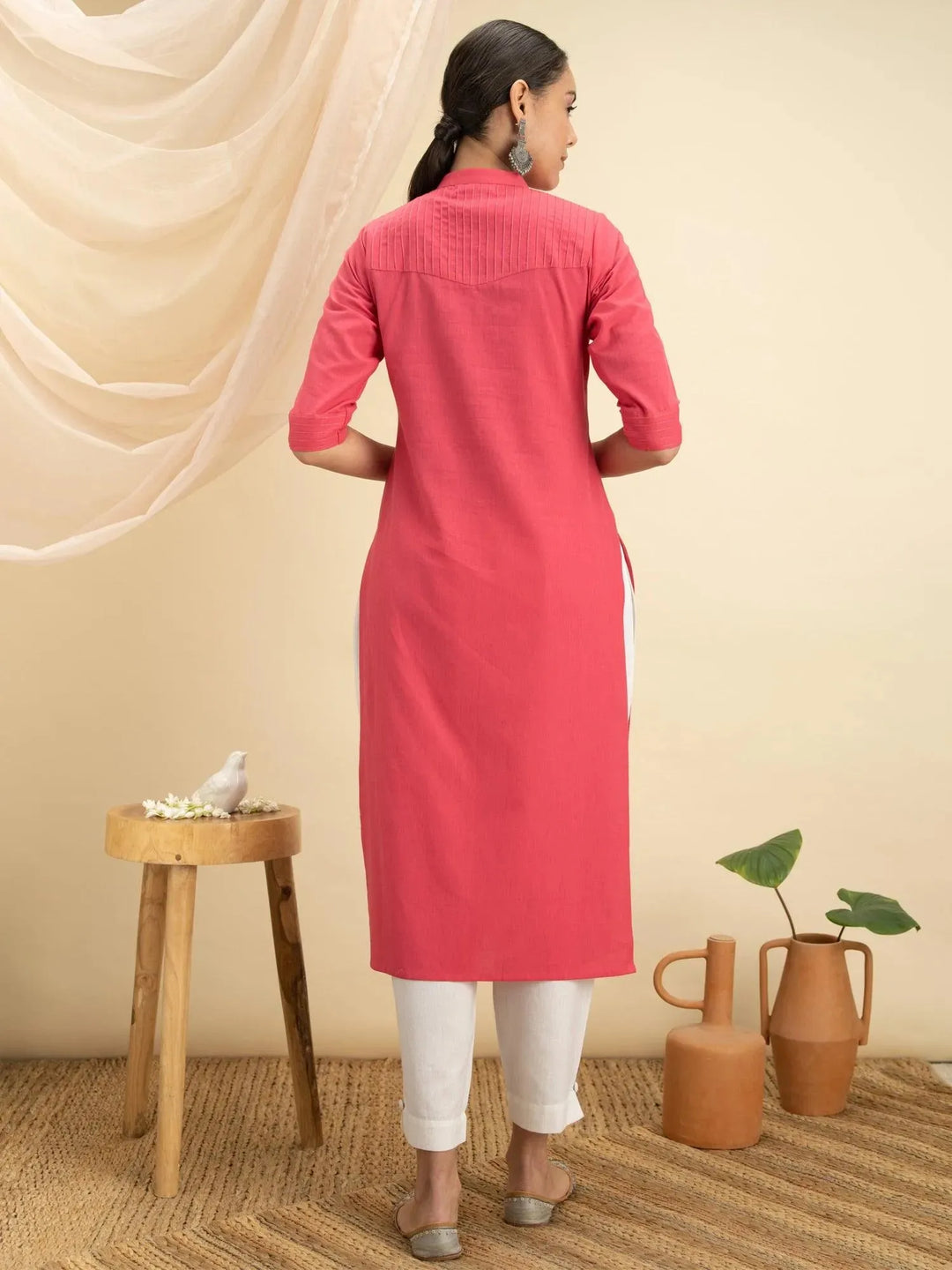 Pink Solid Cotton Kurta - Libas