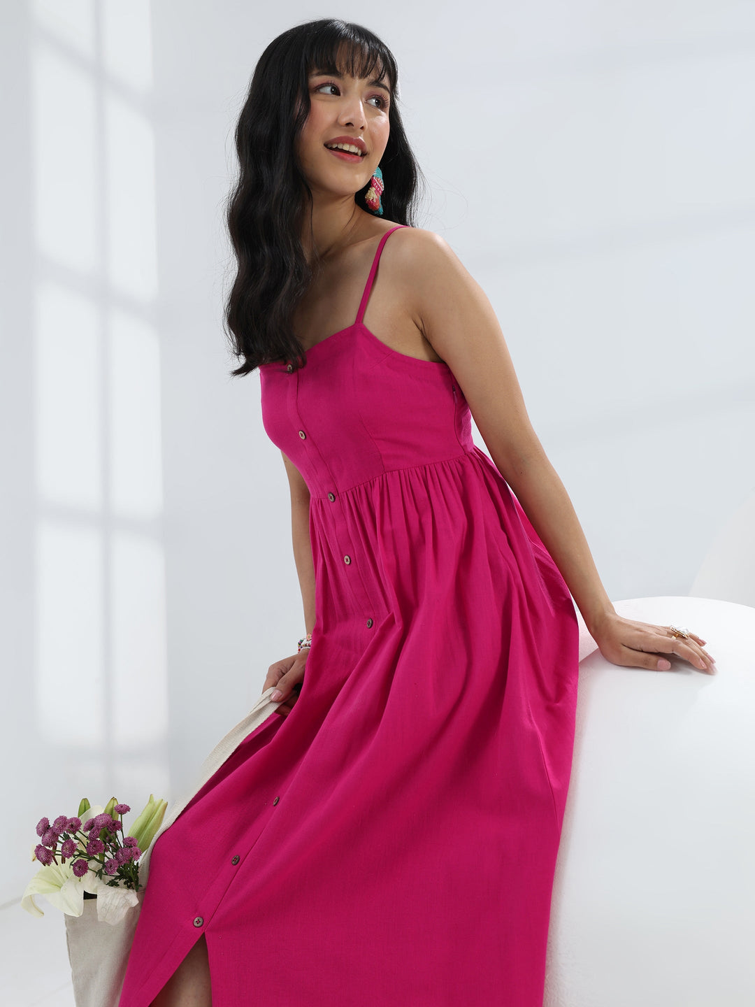 Pink Solid Cotton One-Piece Dress