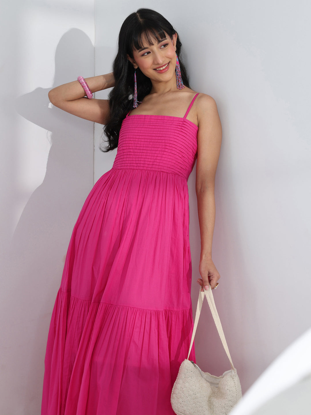  Pink Solid Cotton One-Piece Dress 