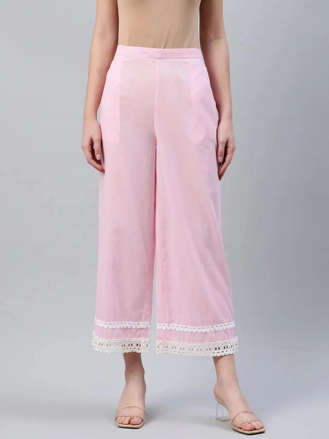 Pink Solid Cotton Palazzos - Libas