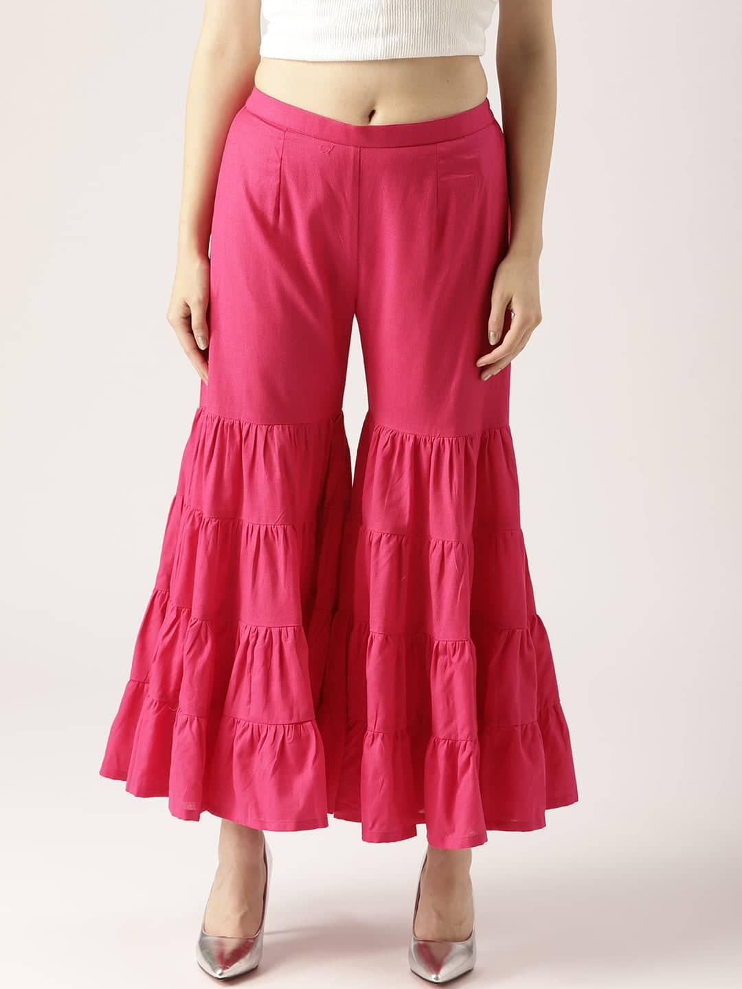 Pink Solid Cotton Palazzos - Libas