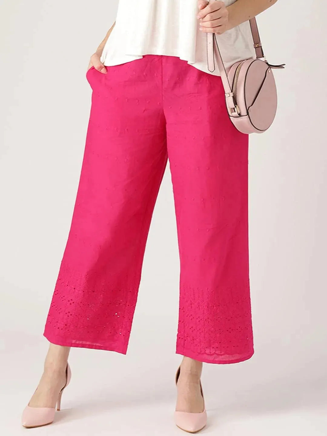 Pink Solid Cotton Palazzos - Libas