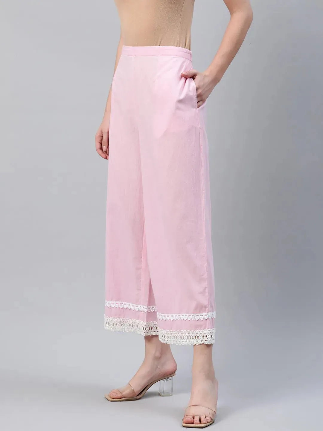 Pink Solid Cotton Palazzos - Libas