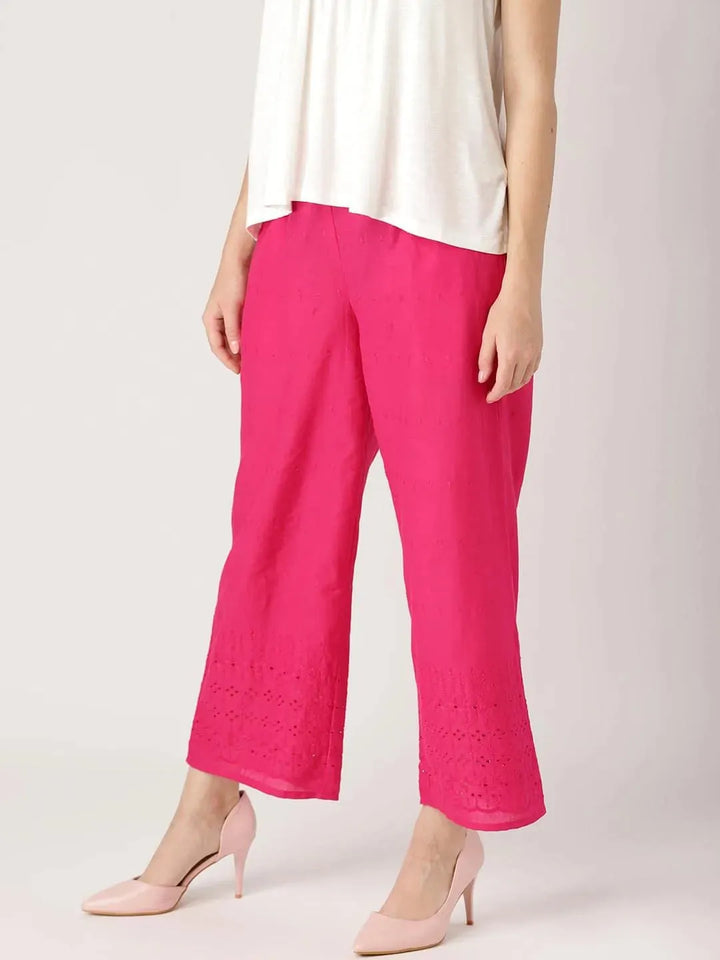 Pink Solid Cotton Palazzos - Libas