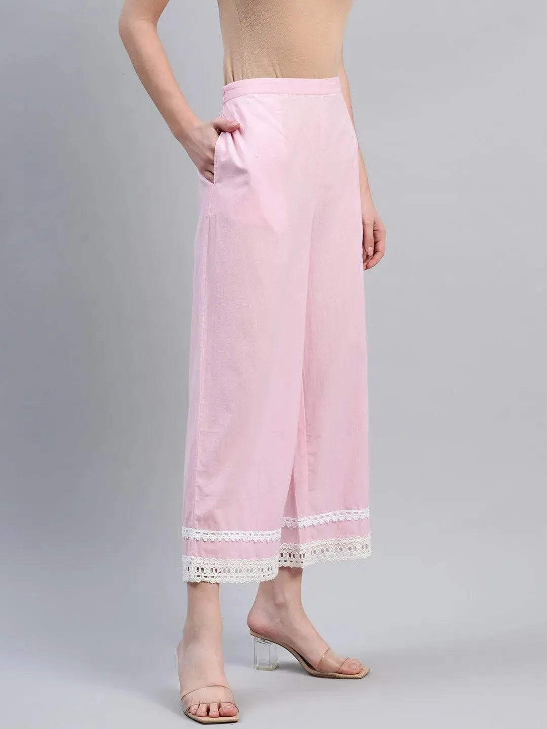 Pink Solid Cotton Palazzos - Libas 