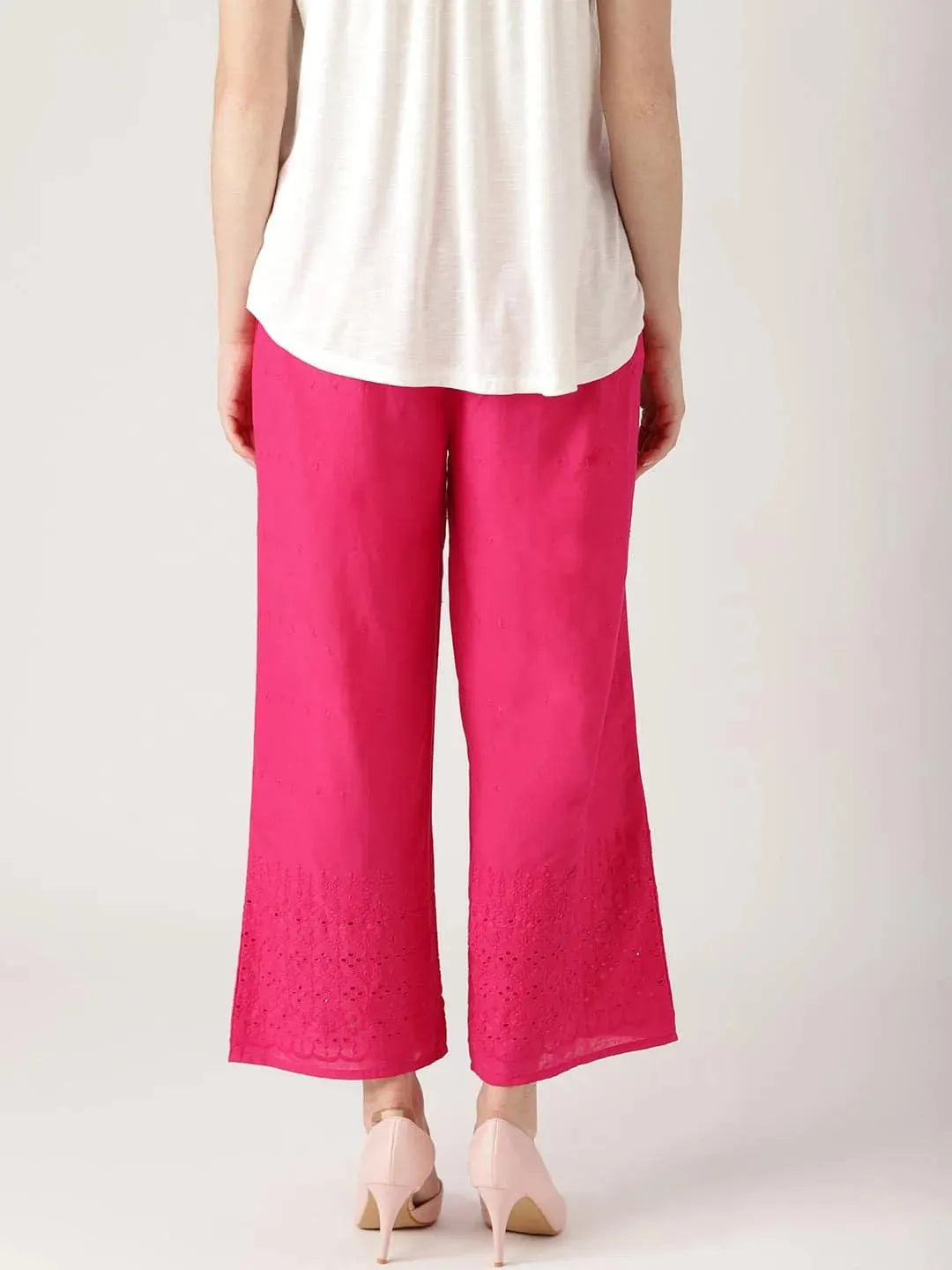 Pink Solid Cotton Palazzos - Libas 