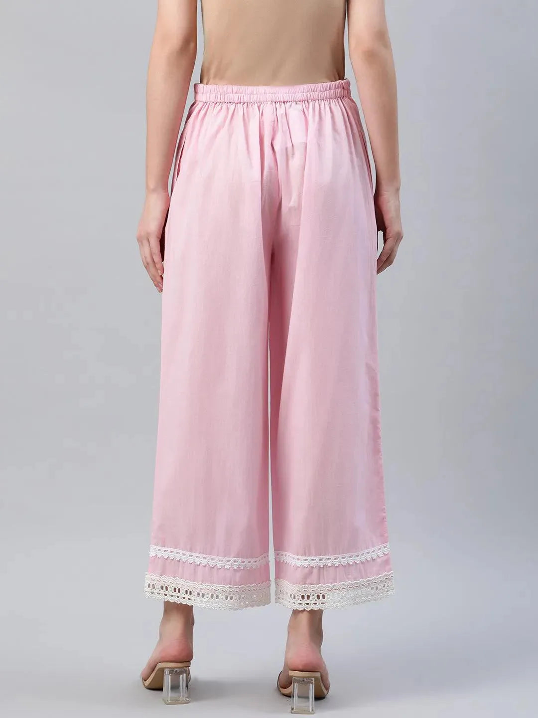Pink Solid Cotton Palazzos - Libas 