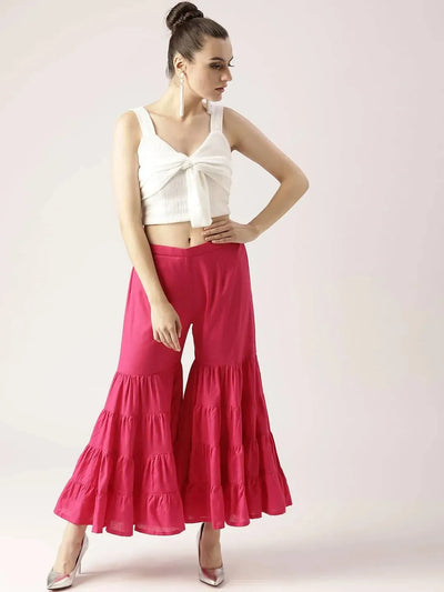 Pink Solid Cotton Palazzos - Libas