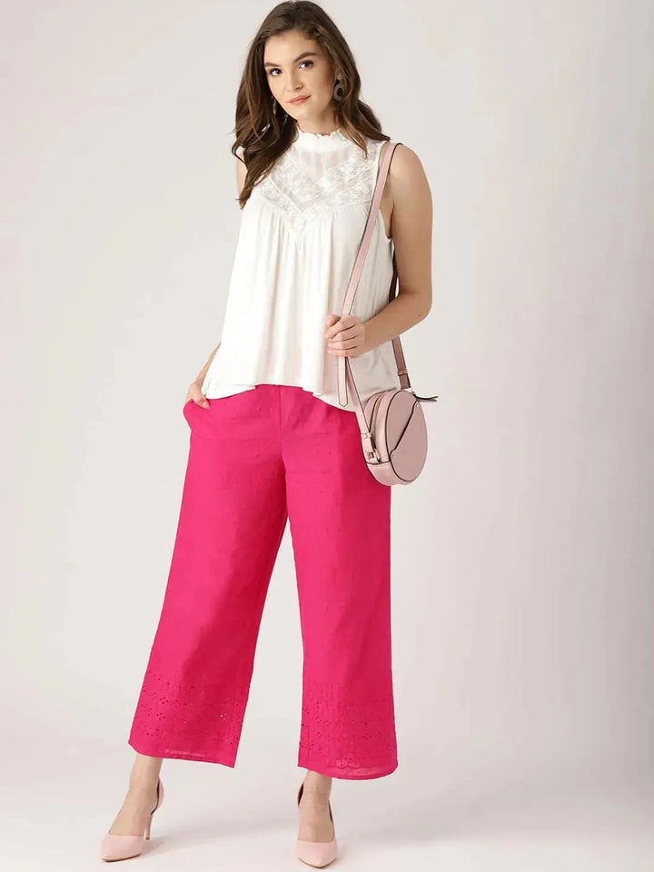 Pink Solid Cotton Palazzos - Libas