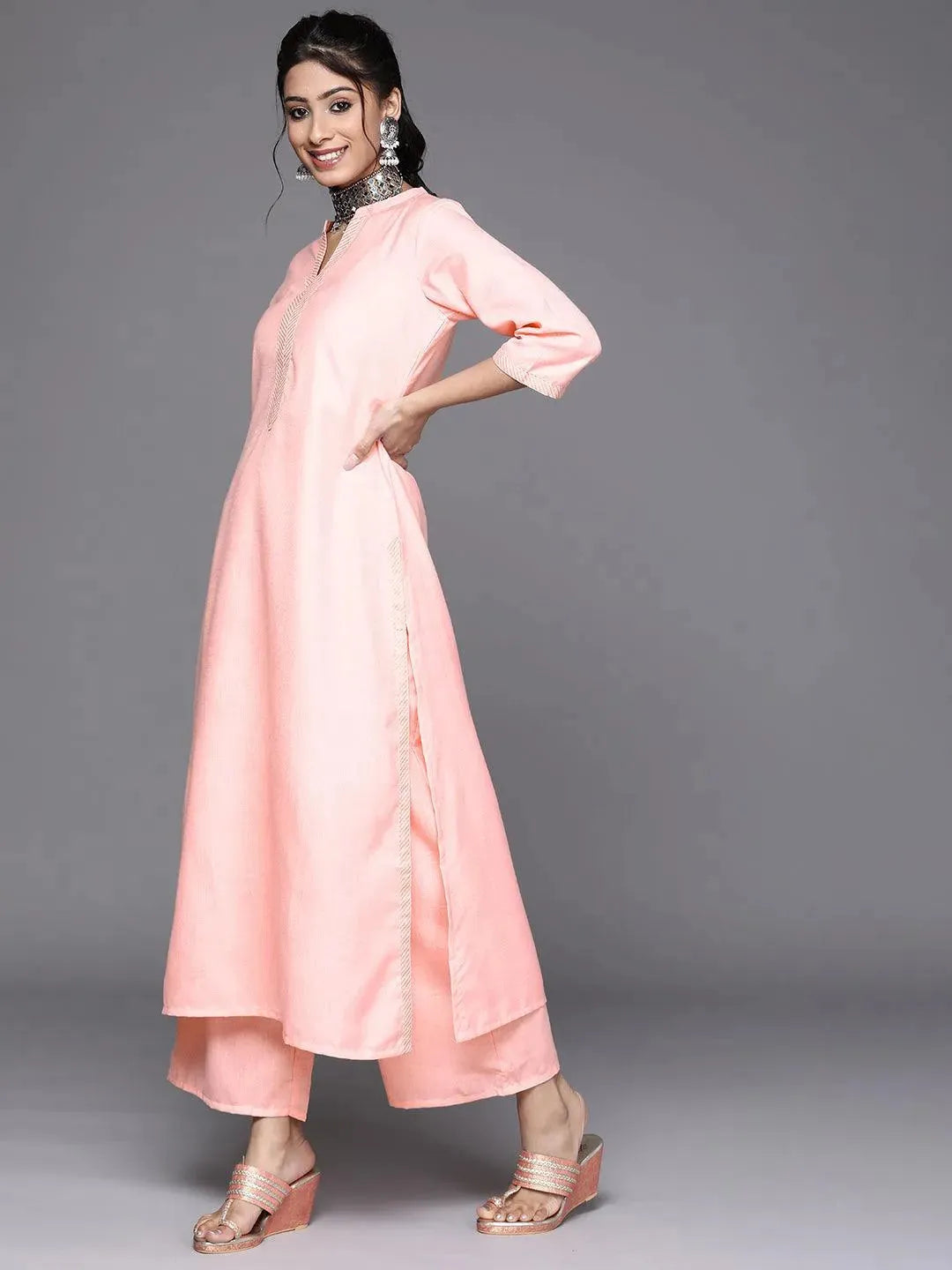 Pink Solid Cotton Suit Set - Libas 
