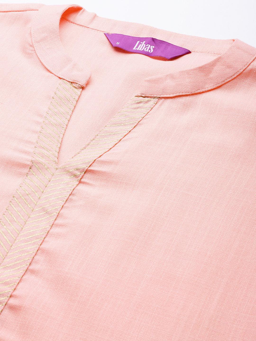 Pink Solid Cotton Straight Kurta With Palazzos & Dupatta