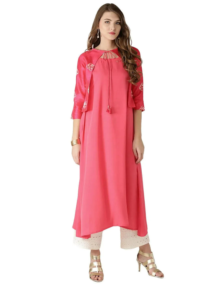 Pink Solid Crepe Kurta With Jacket - Libas