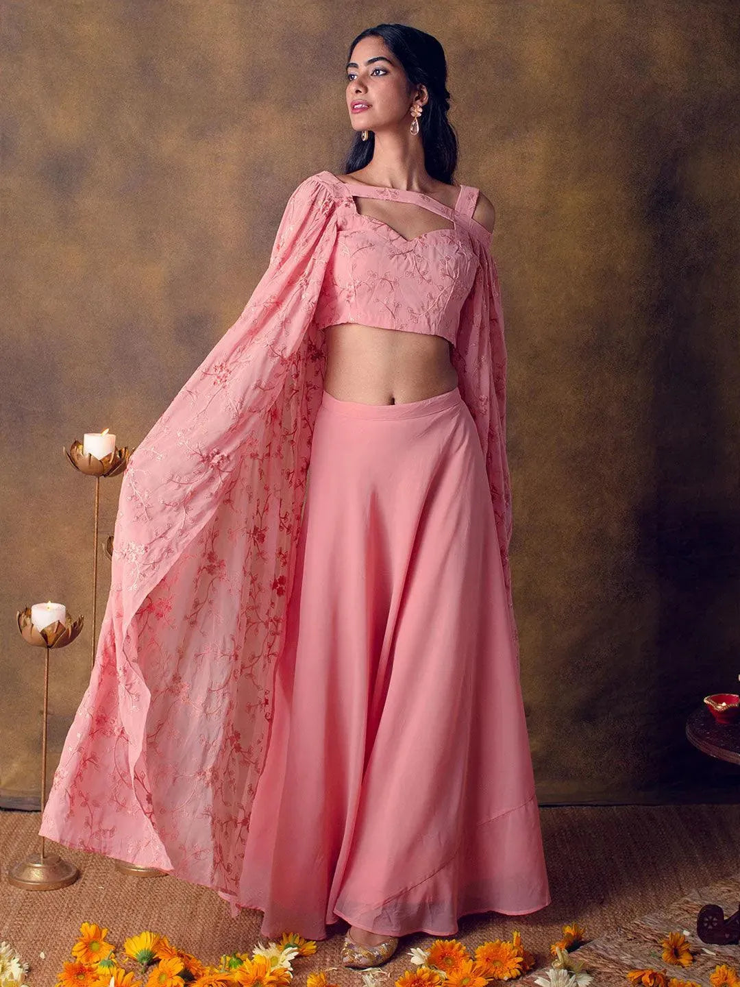 Pink Solid Georgette Lehenga Set - Libas