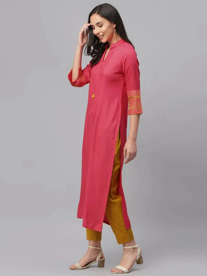 Pink Solid Rayon Kurta - Libas