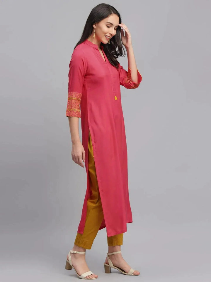 Pink Solid Rayon Kurta - Libas