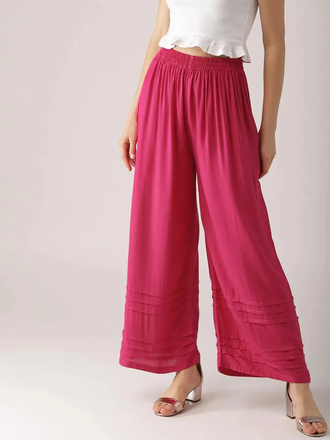 Pink Solid Rayon Palazzos - Libas