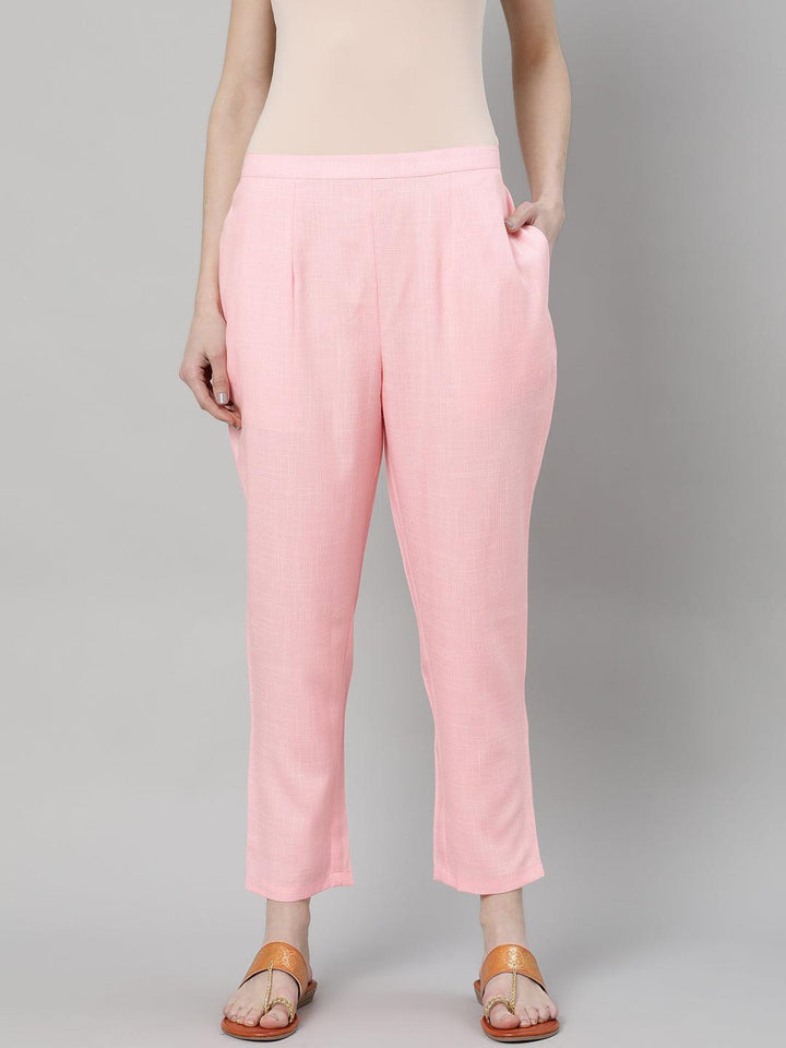 Pink Solid Rayon Trousers - Libas