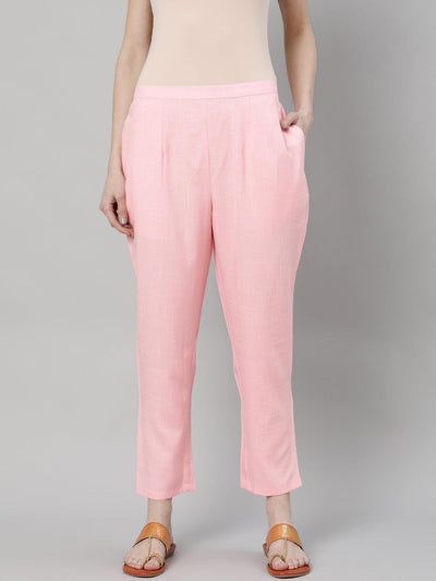 Pink Solid Rayon Trousers - Libas