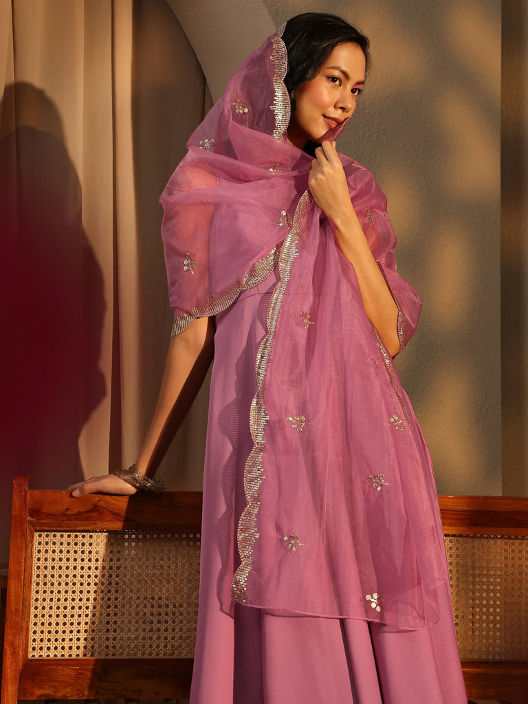 Libas Pink Solid Satin Anarkali Suit Set With Dupatta