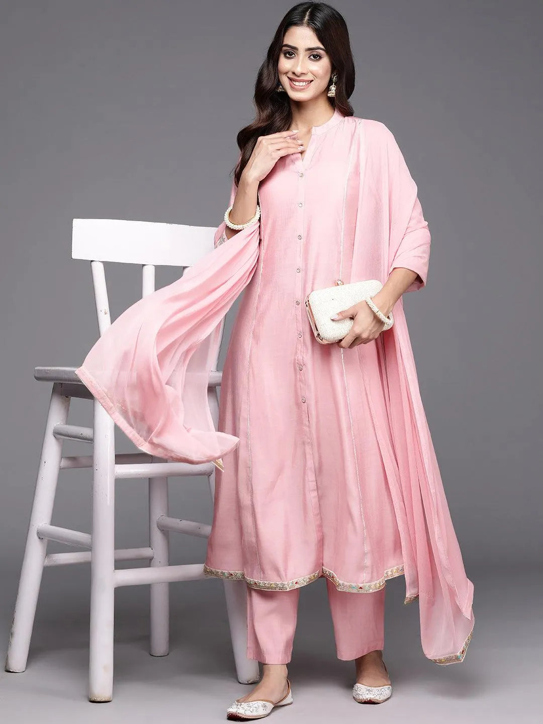 Pink Solid Silk Blend A-Line Kurta With Trousers & Dupatta - Libas