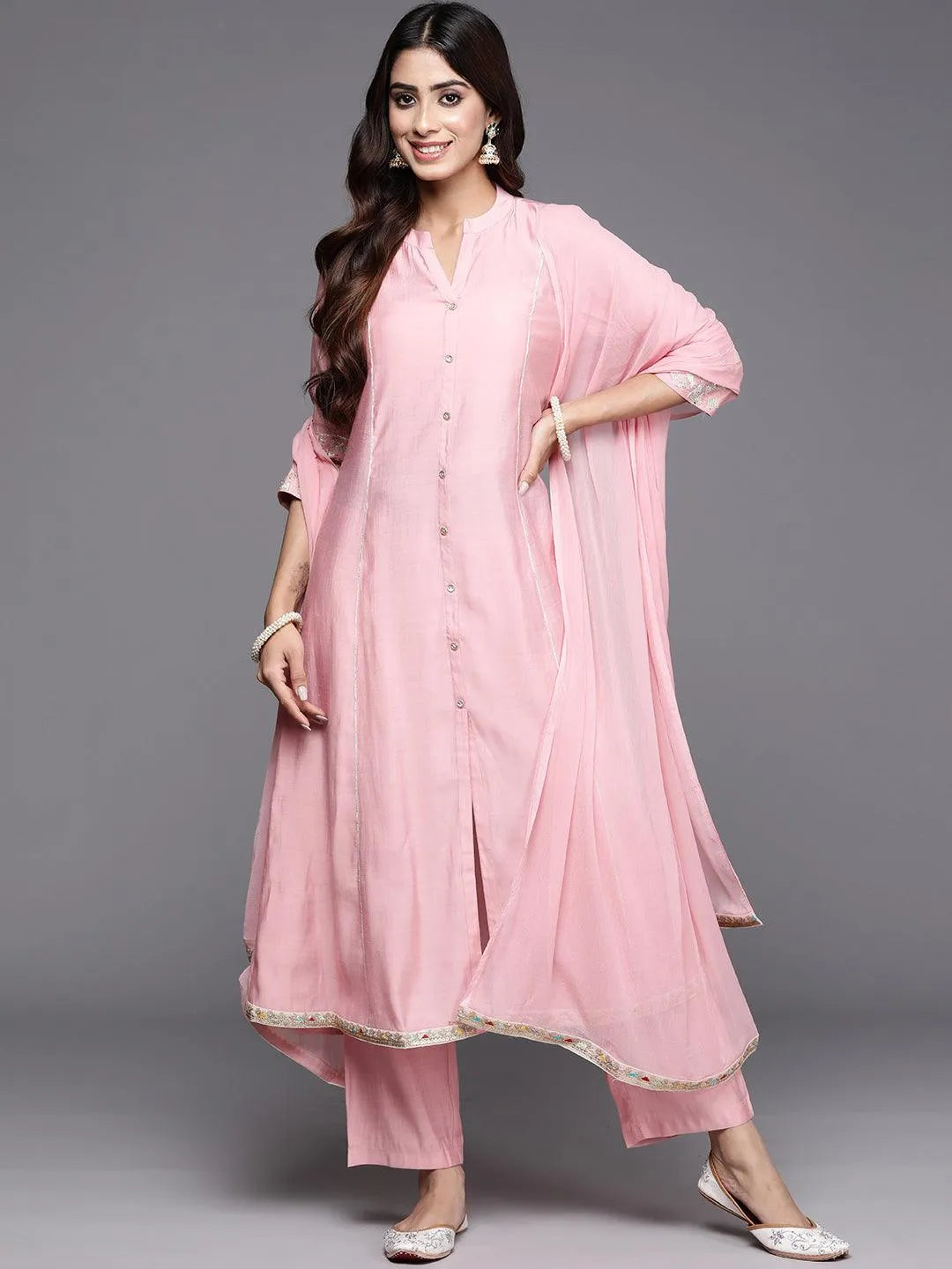 Pink Solid Silk Blend A-Line Kurta With Trousers & Dupatta - Libas 