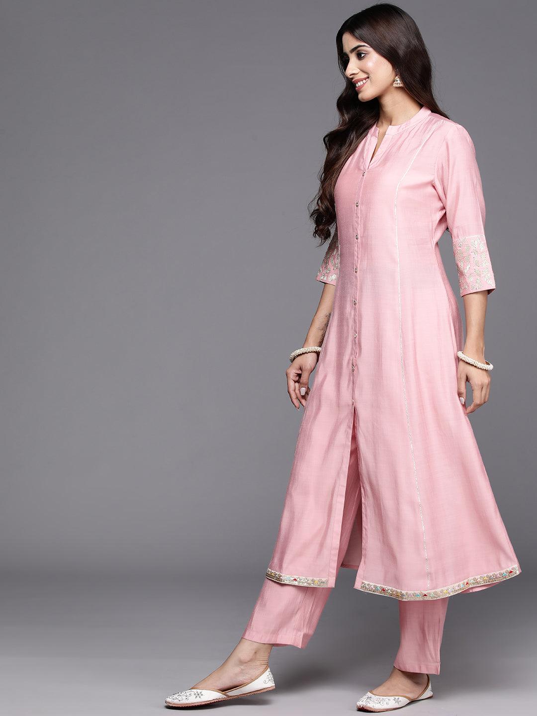 Pink Solid Silk Blend A-Line Kurta With Trousers & Dupatta - Libas