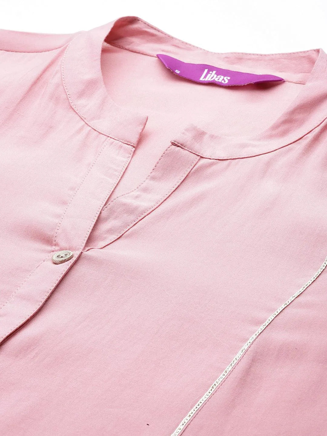 Pink Solid Silk Blend A-Line Kurta With Trousers & Dupatta - Libas 