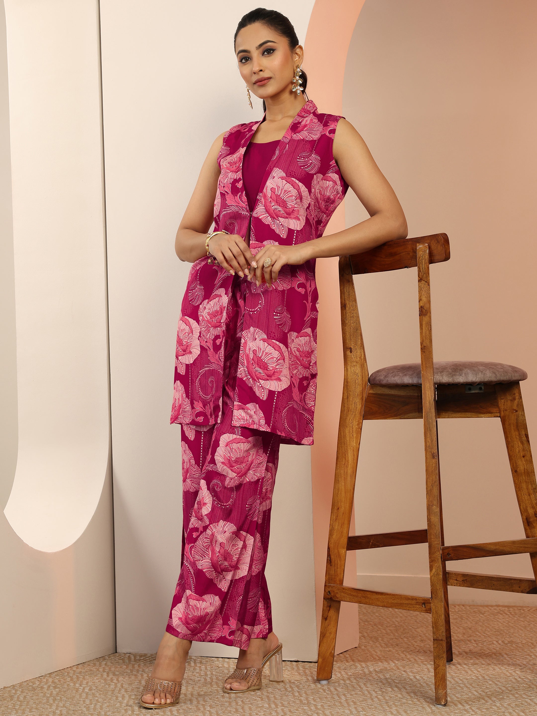 libas Pink Solid Silk Blend Co-Ord Sets-picture-21