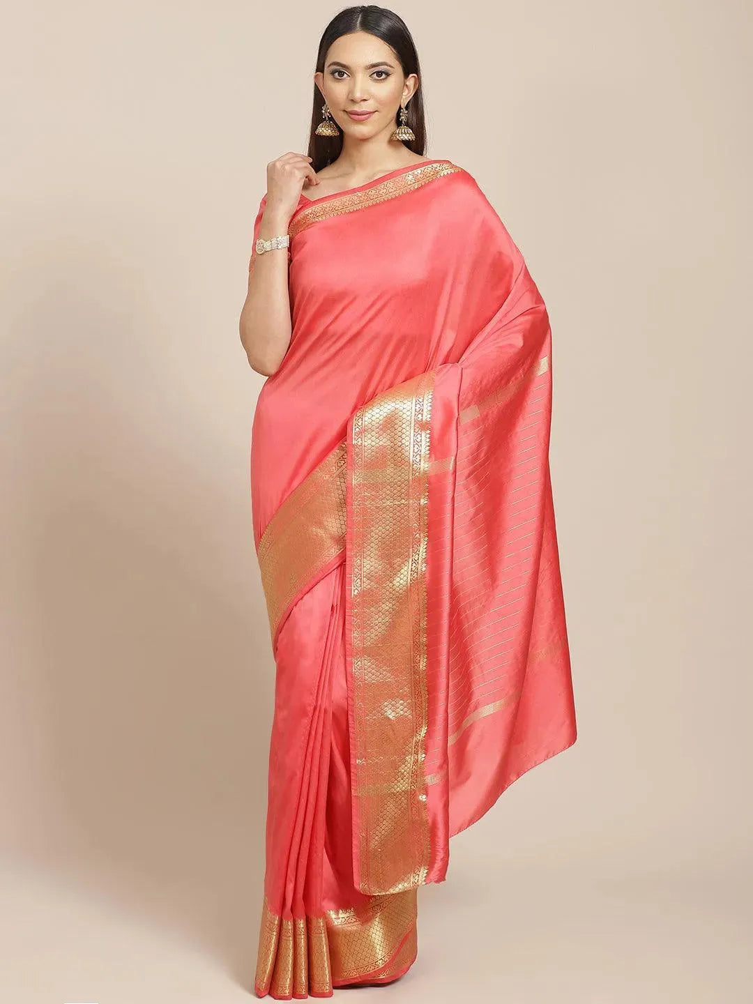 Pink Solid Silk Blend Saree - Libas