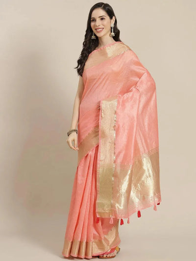 Pink Solid Silk Blend Saree - Libas