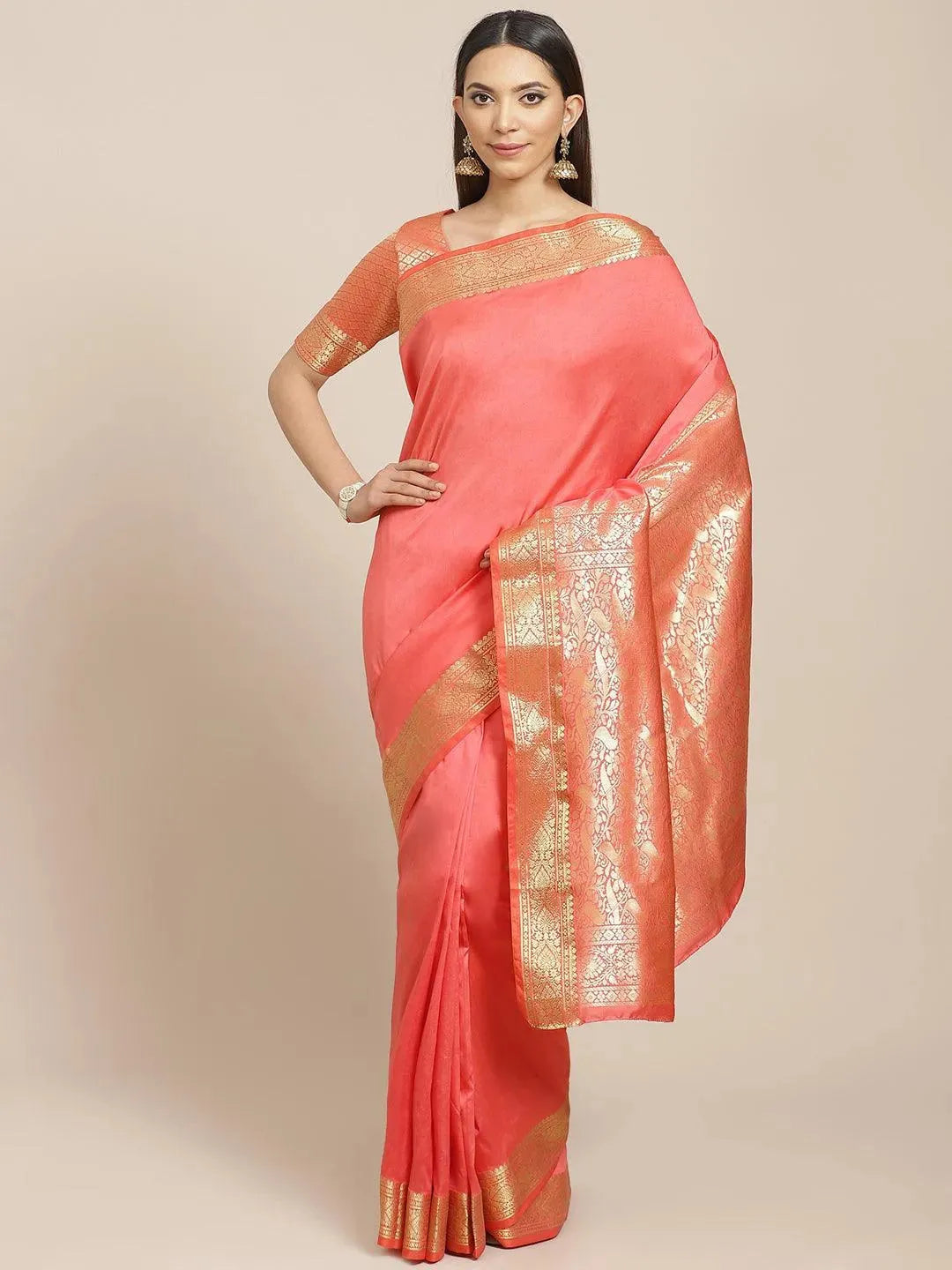 Pink Solid Silk Blend Saree - Libas