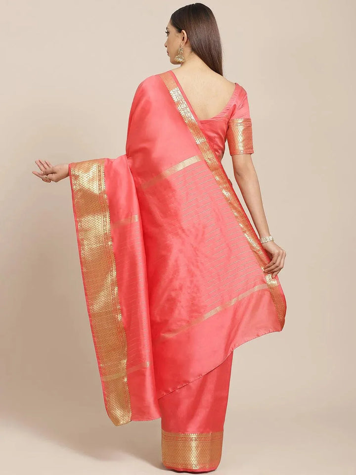 Pink Solid Silk Blend Saree - Libas