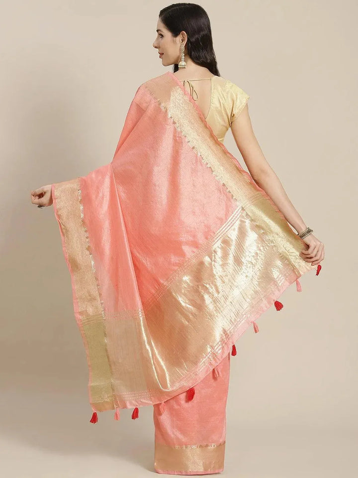 Pink Solid Silk Blend Saree - Libas