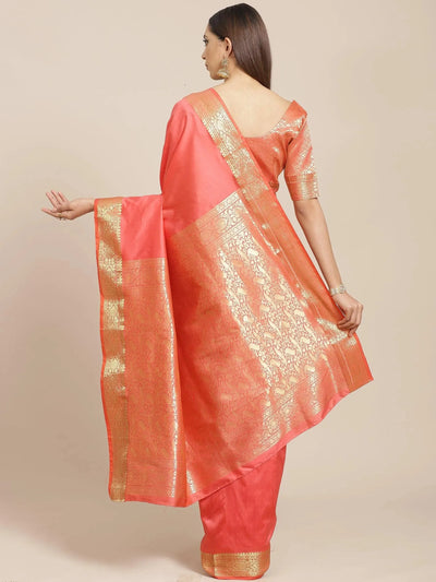 Pink Solid Silk Blend Saree - Libas