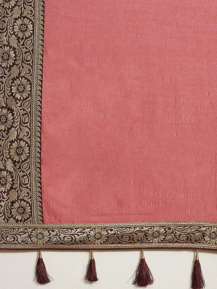 Pink Solid Silk Blend Saree - Libas