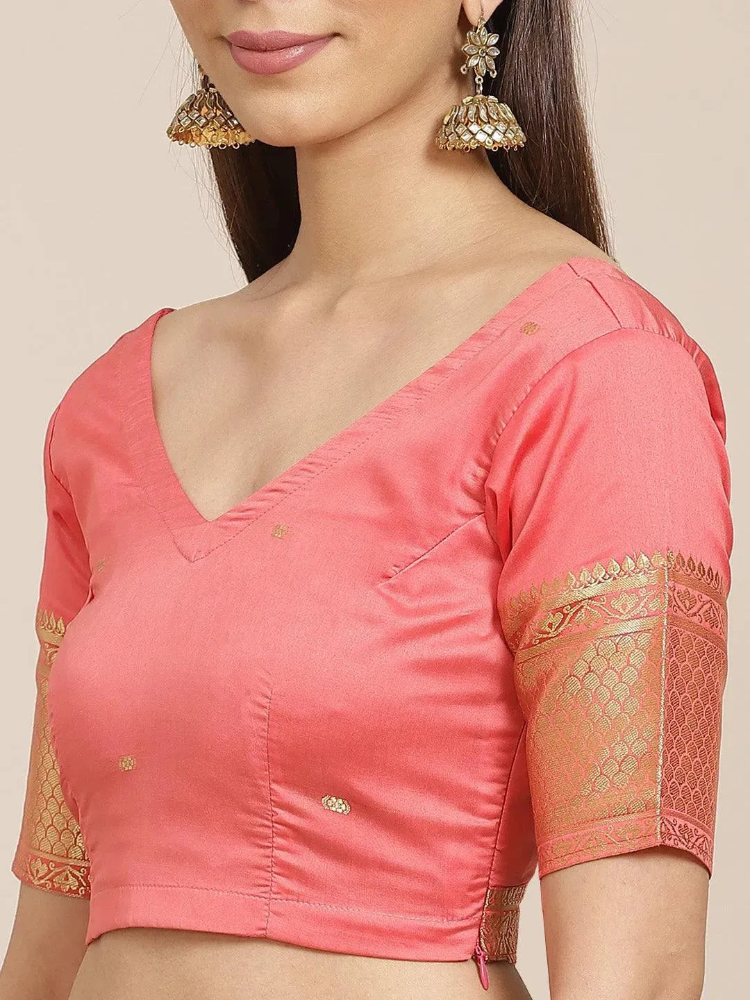 Pink Solid Silk Blend Saree - Libas 