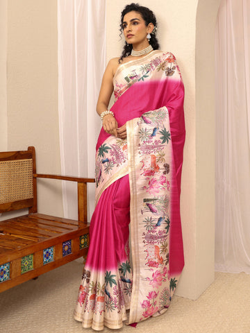 Pink Solid Silk Blend Saree With Unstitched Blouse Piece
