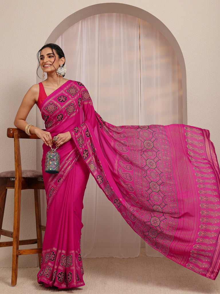 Libas Pink Solid Silk Blend Saree With Unstitched Blouse Piece