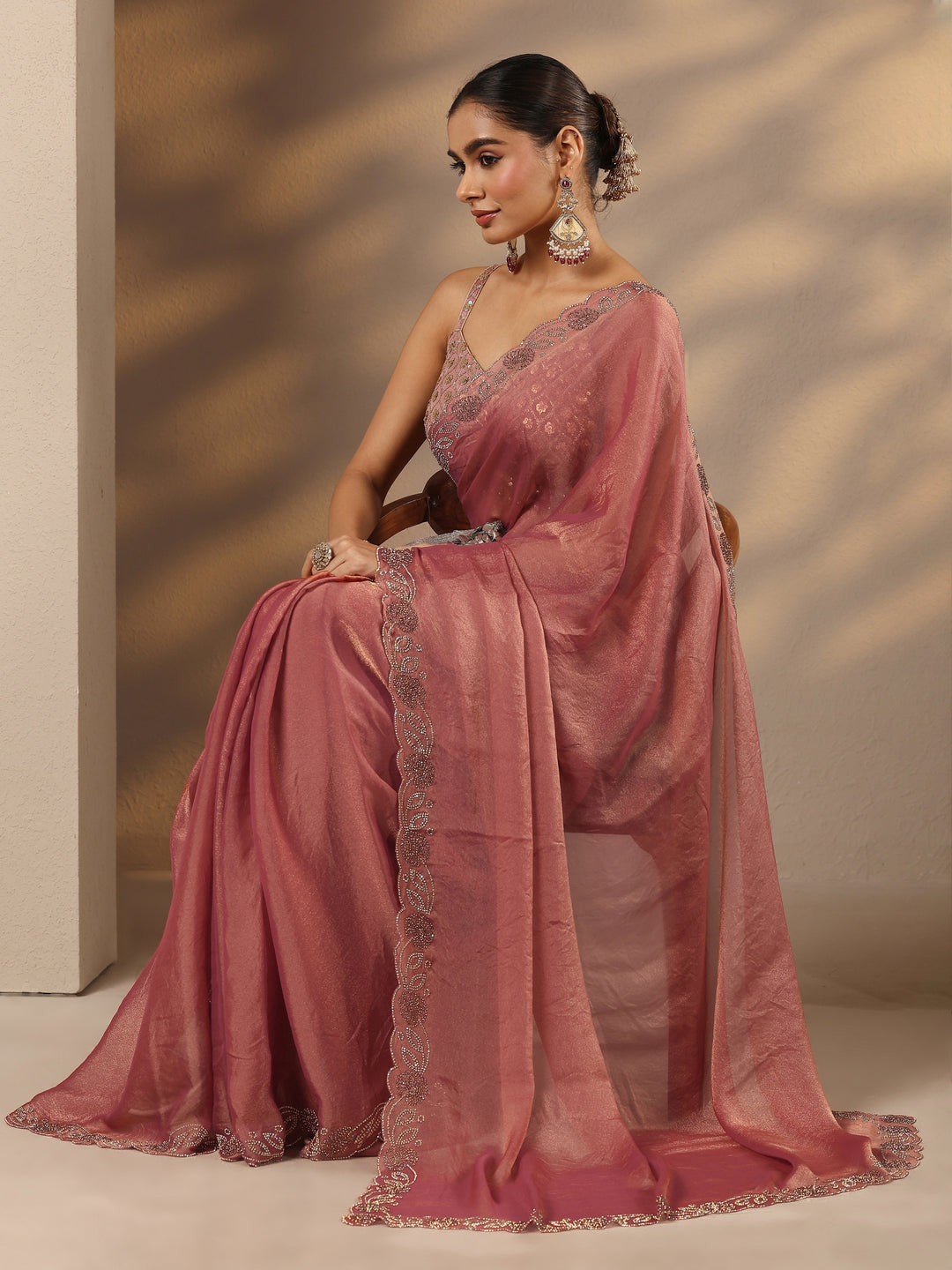  Pink Solid Silk Blend Saree With Unstitched Blouse Piece 