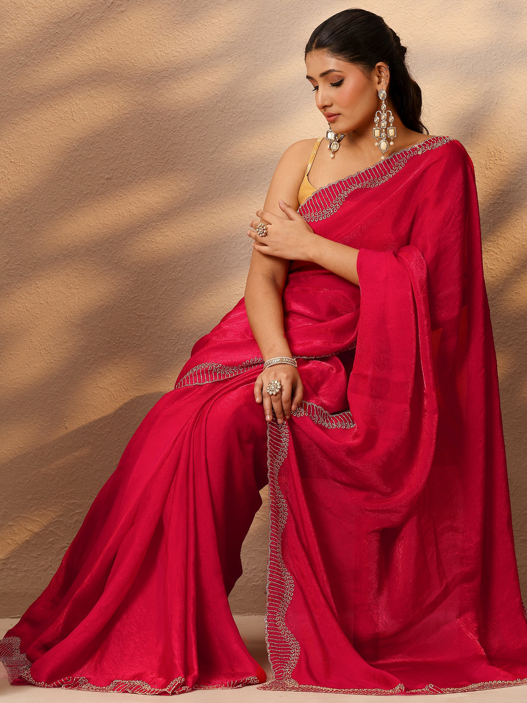  Pink Solid Silk Blend Saree With Unstitched Blouse Piece 