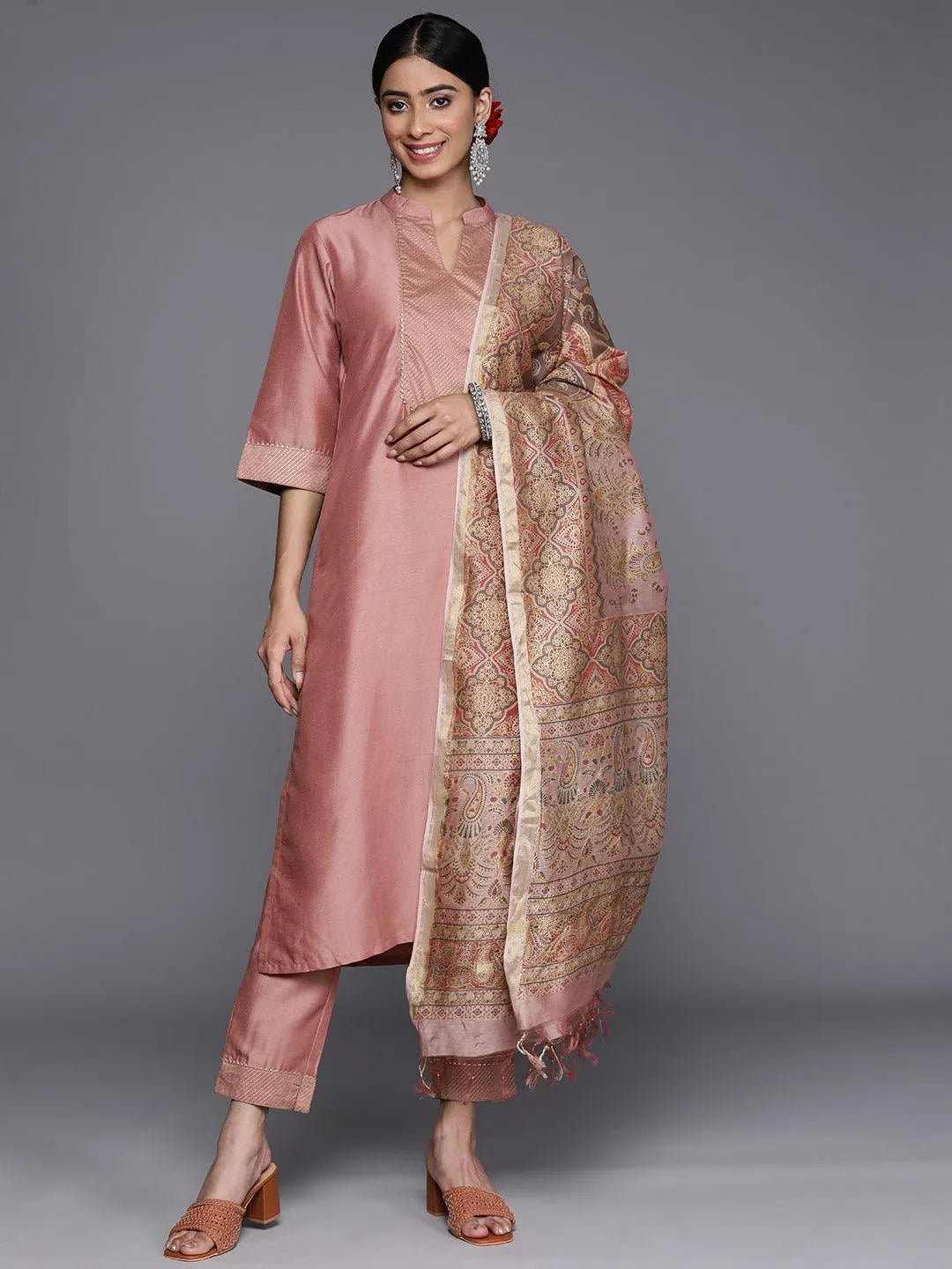 Pink Solid Silk Blend Straight Suit Set With Trousers - Libas