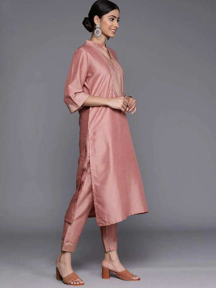 Pink Solid Silk Blend Straight Suit Set With Trousers - Libas