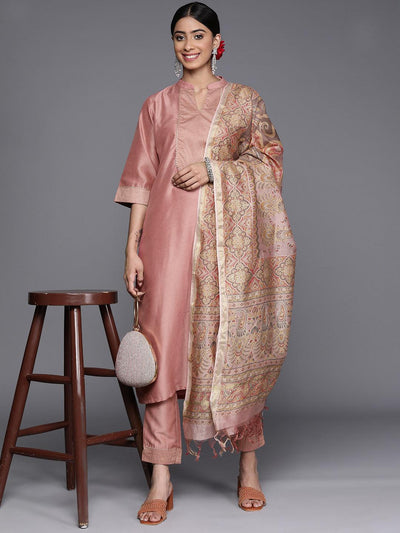 Pink Solid Silk Blend Straight Suit Set With Trousers - Libas