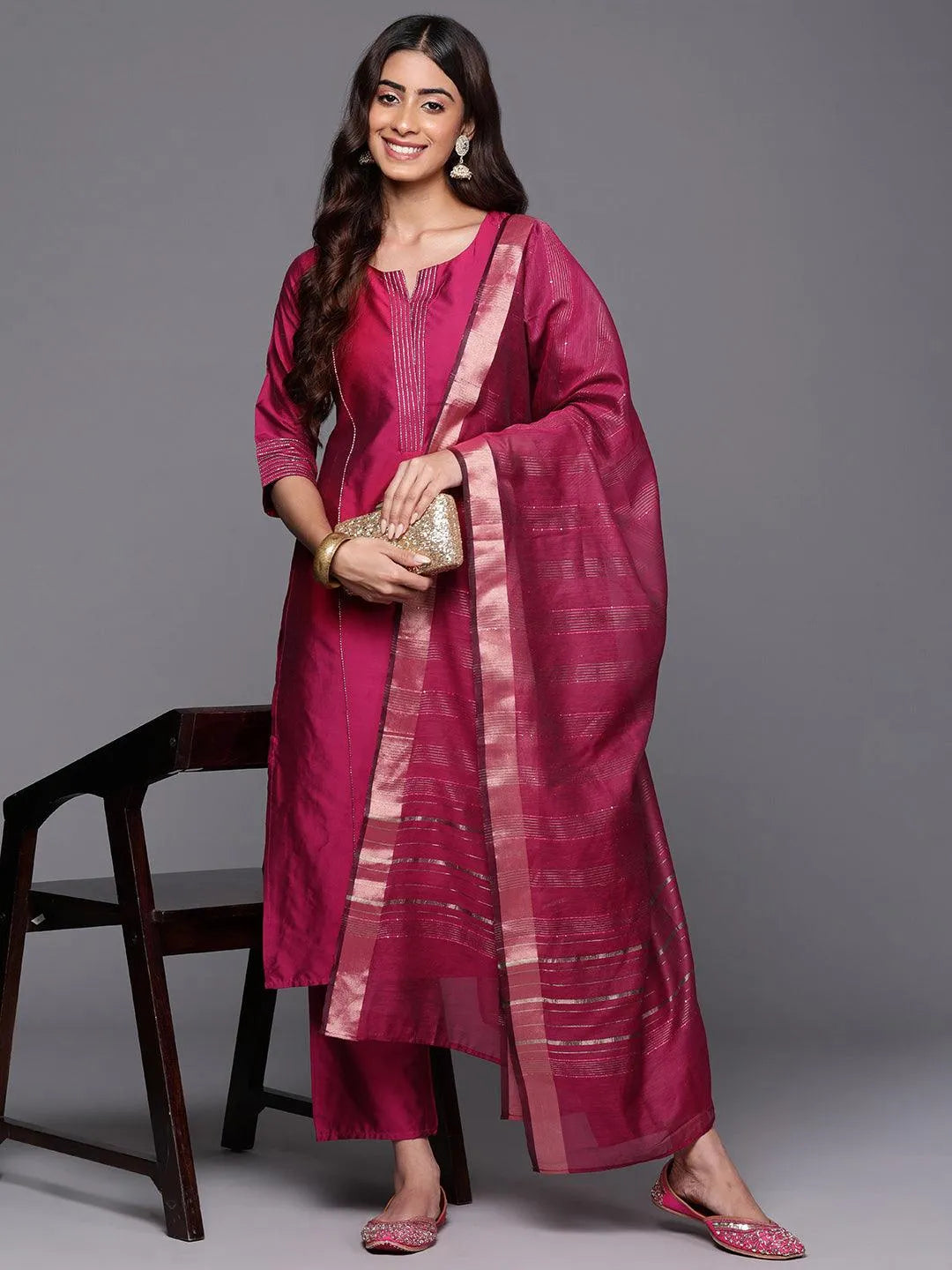 Pink Solid Silk Blend Straight Kurta With Trousers & Dupatta - Libas
