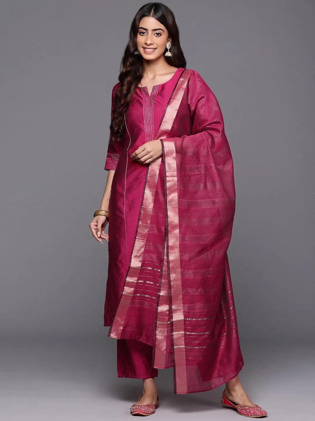 Pink Solid Silk Blend Straight Kurta With Trousers & Dupatta - Libas 