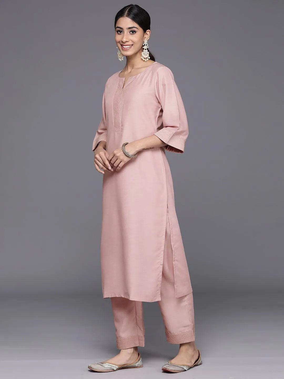 Pink Solid Silk Blend Straight Kurta With Trousers & Dupatta - Libas 